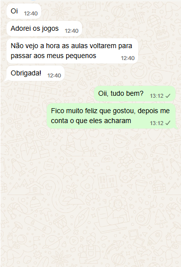 Mensagem de professora agradecendo pelos jogos