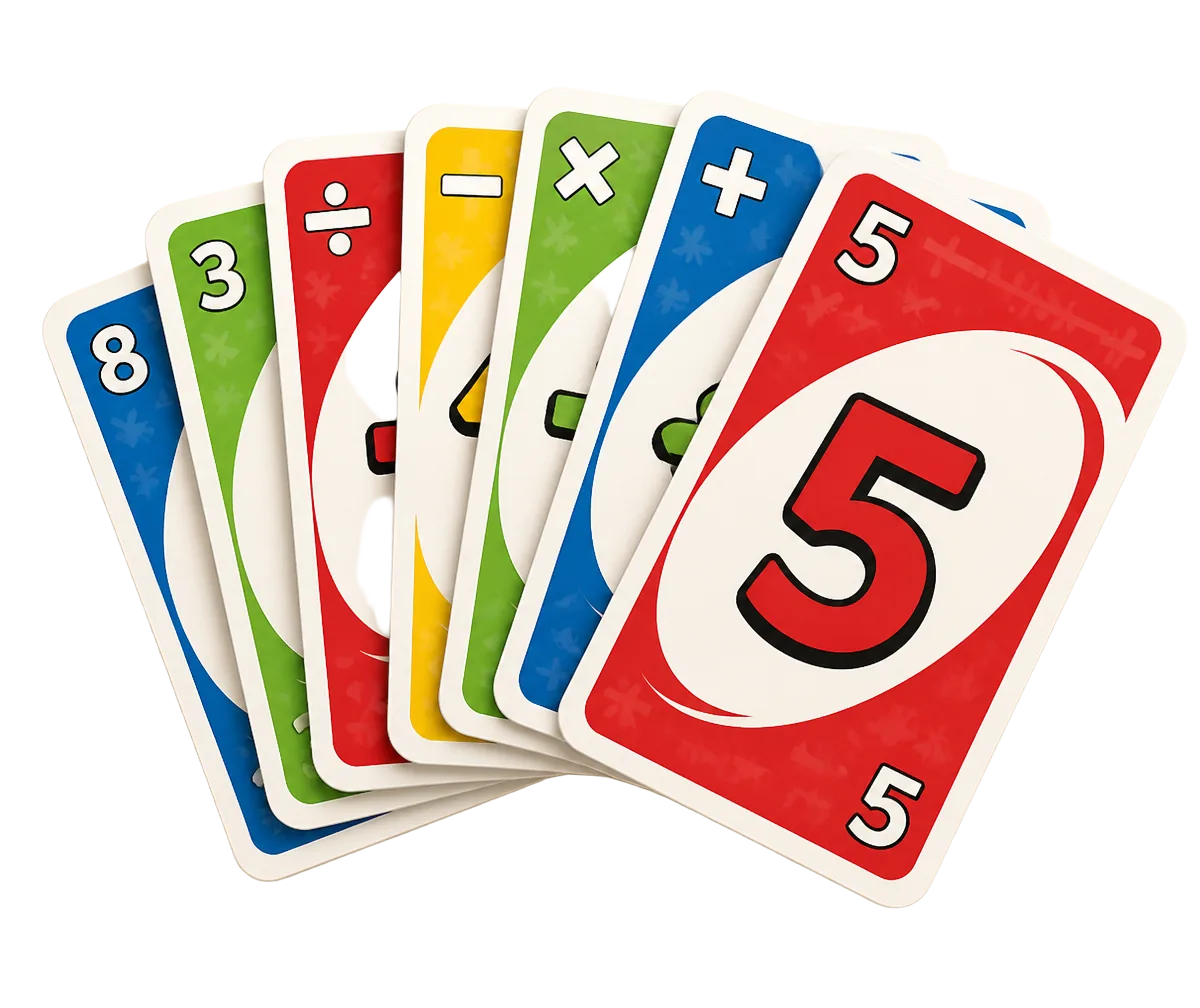 Baralho do Kit Uno Matemático com cartas coloridas mostrando operações